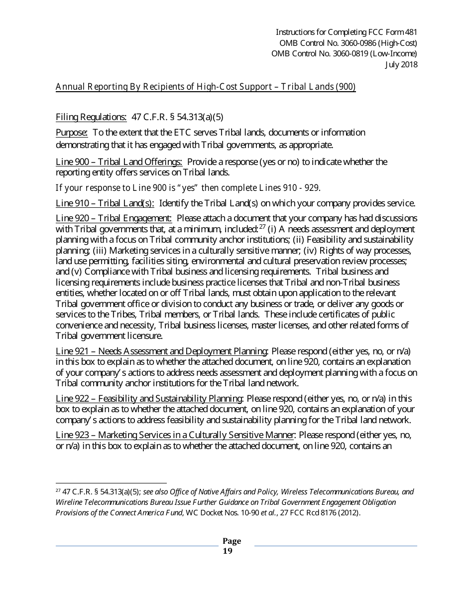 Instructions for FCC Form 481 Service Quality Improvement Reporting FCC Form 481 Data Collection Form, Page 19