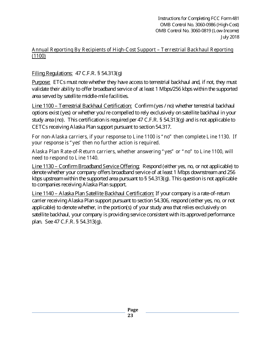 Instructions for FCC Form 481 Service Quality Improvement Reporting FCC Form 481 Data Collection Form, Page 23
