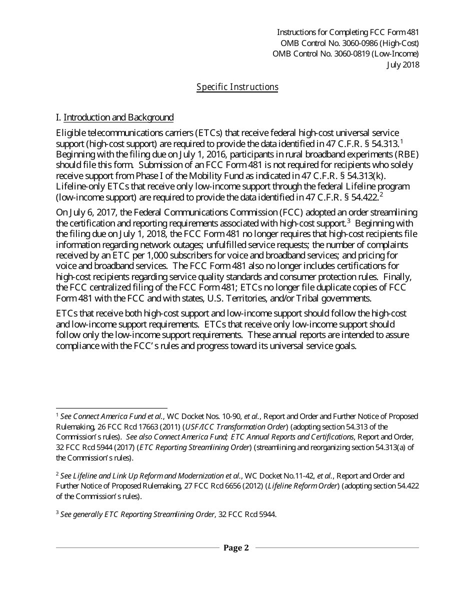 Instructions for FCC Form 481 Service Quality Improvement Reporting FCC Form 481 Data Collection Form, Page 2