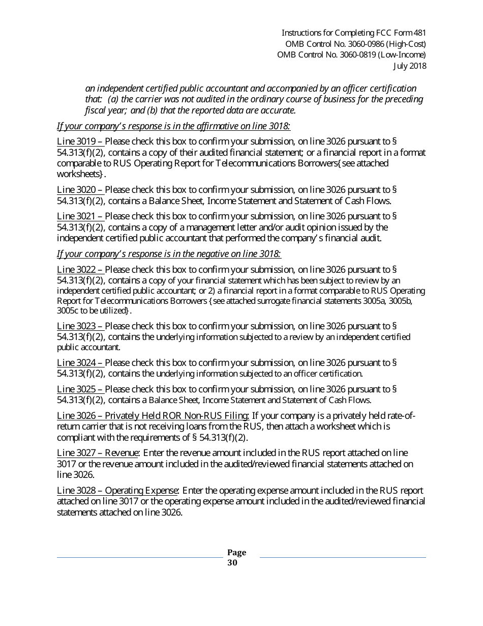 Instructions for FCC Form 481 Service Quality Improvement Reporting FCC Form 481 Data Collection Form, Page 30