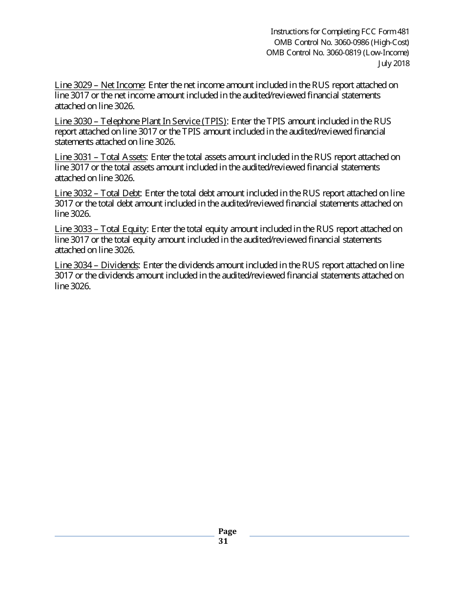 Instructions for FCC Form 481 Service Quality Improvement Reporting FCC Form 481 Data Collection Form, Page 31
