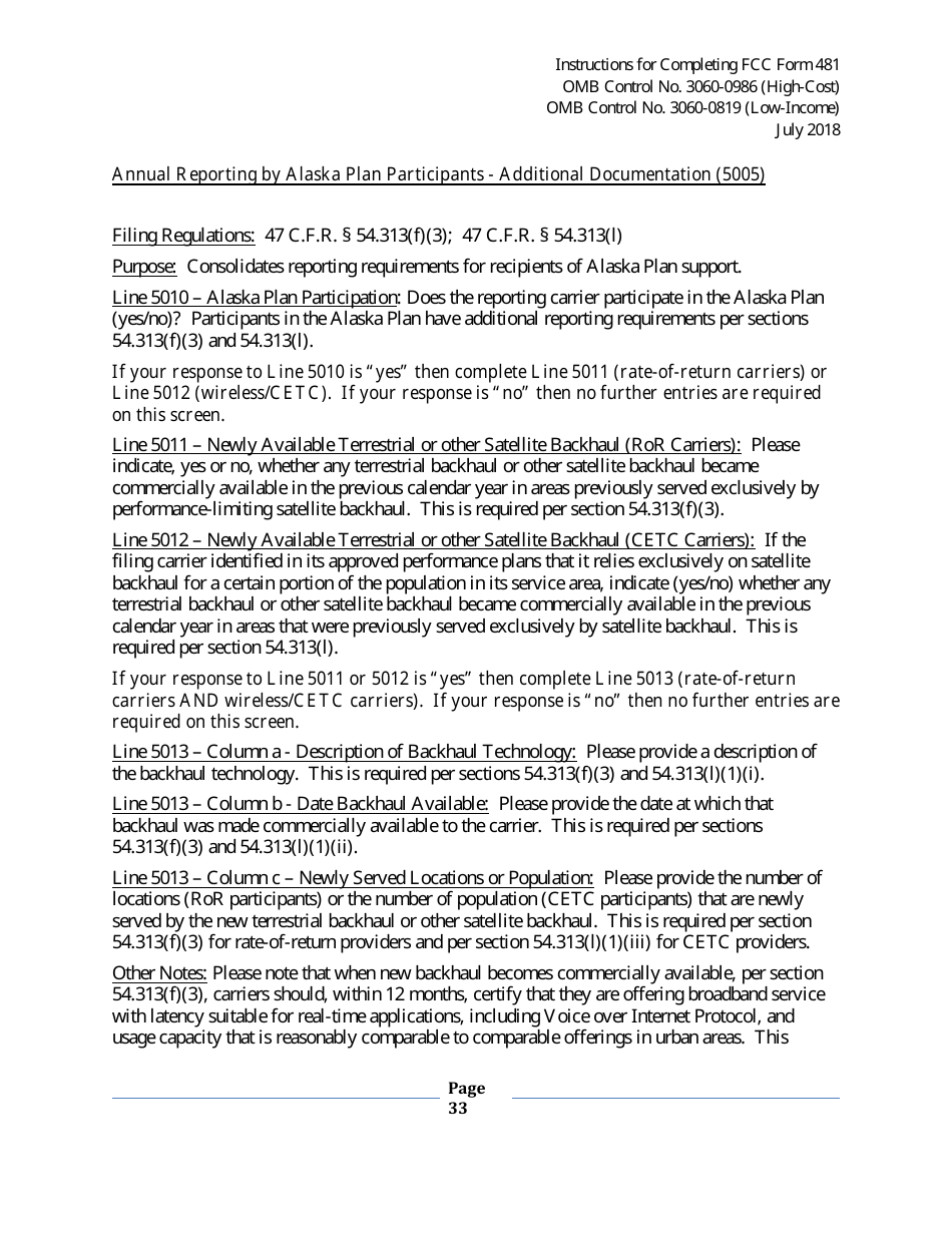 Instructions for FCC Form 481 Service Quality Improvement Reporting FCC Form 481 Data Collection Form, Page 33