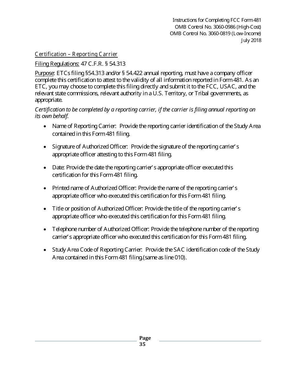 Instructions for FCC Form 481 Service Quality Improvement Reporting FCC Form 481 Data Collection Form, Page 35