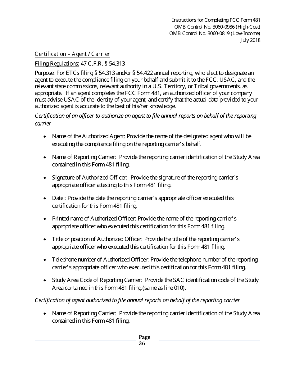 Instructions for FCC Form 481 Service Quality Improvement Reporting FCC Form 481 Data Collection Form, Page 36