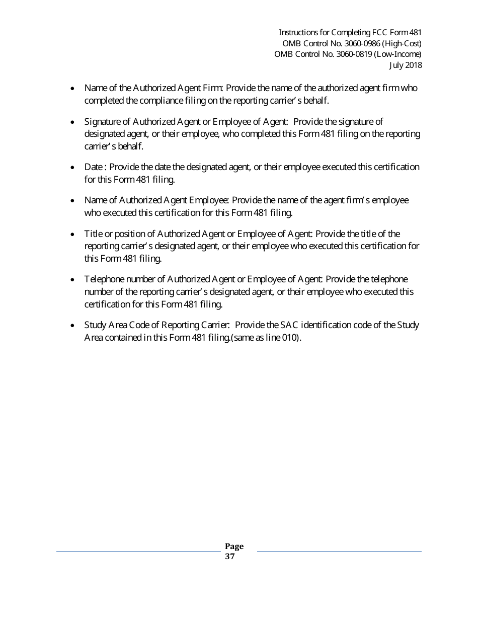 Instructions for FCC Form 481 Service Quality Improvement Reporting FCC Form 481 Data Collection Form, Page 37