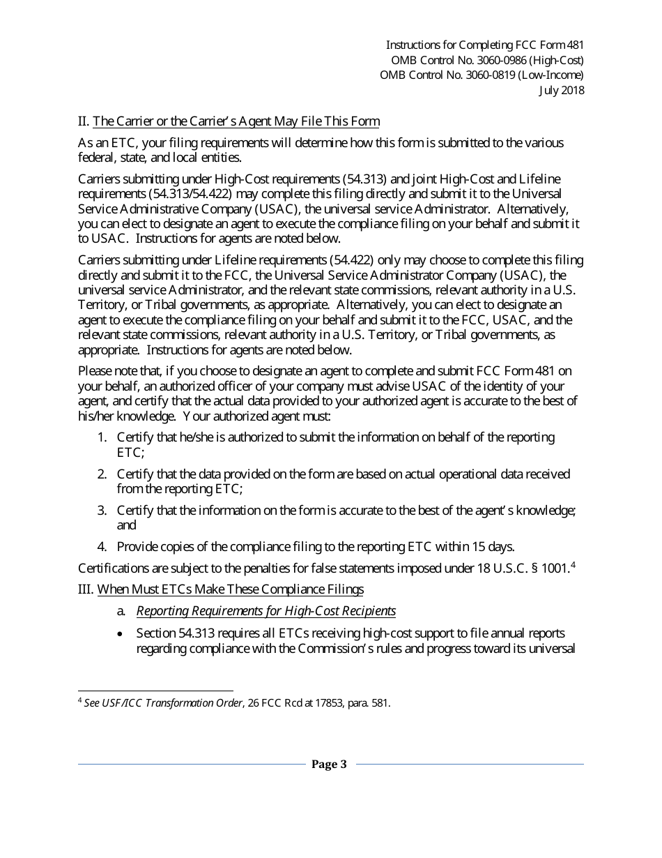 Instructions for FCC Form 481 Service Quality Improvement Reporting FCC Form 481 Data Collection Form, Page 3