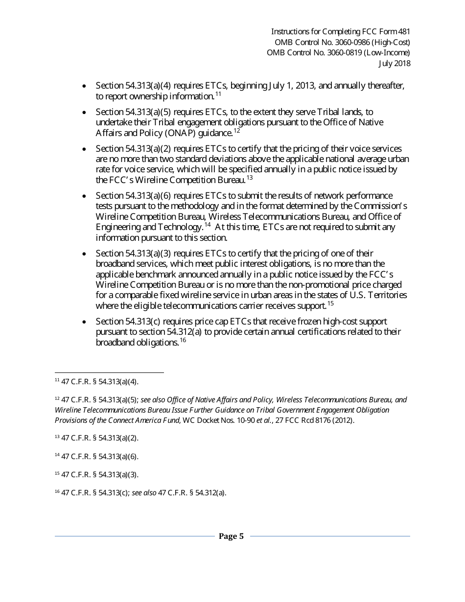 Instructions for FCC Form 481 Service Quality Improvement Reporting FCC Form 481 Data Collection Form, Page 5