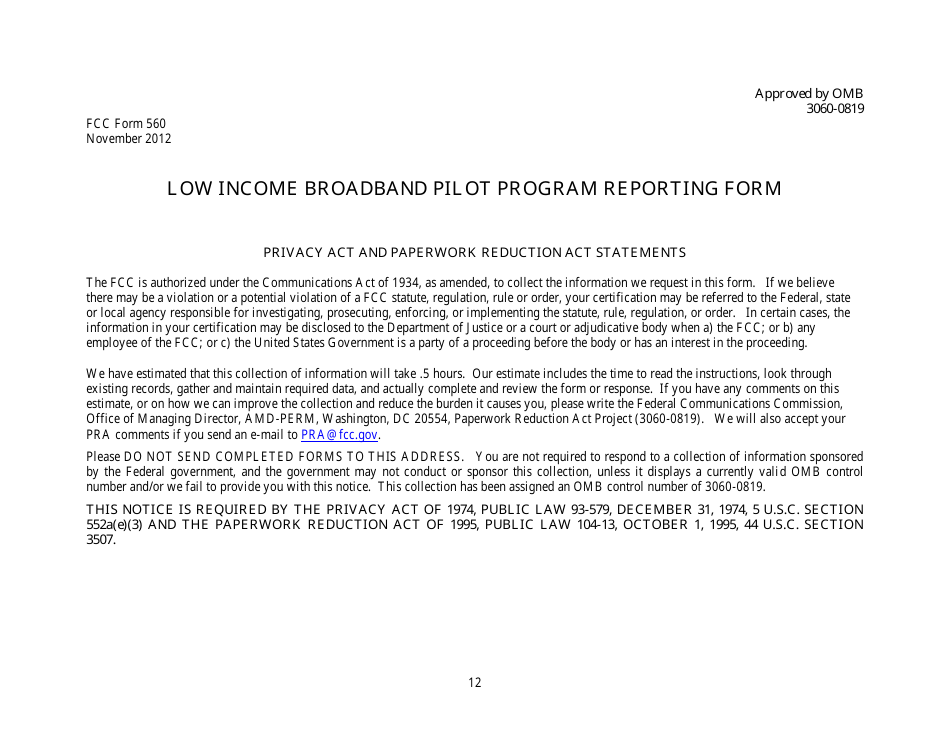 FCC Form 560 Low Income Broadband Pilot Program Reporting Form, Page 1