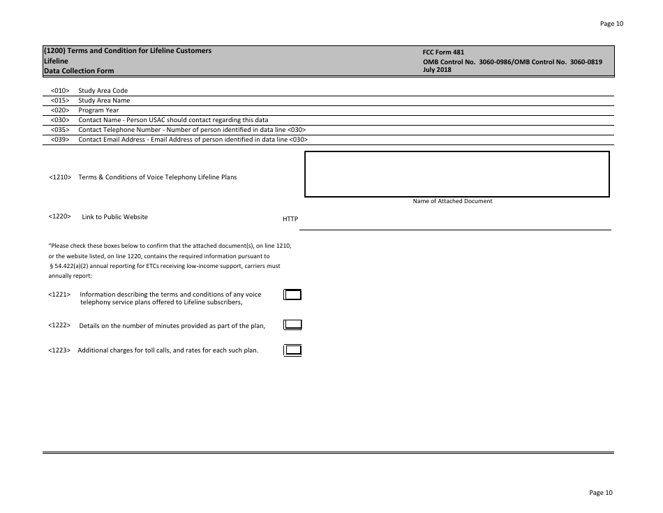 FCC Form 481 Carrier Annual Reporting - Data Collection Form, Page 10