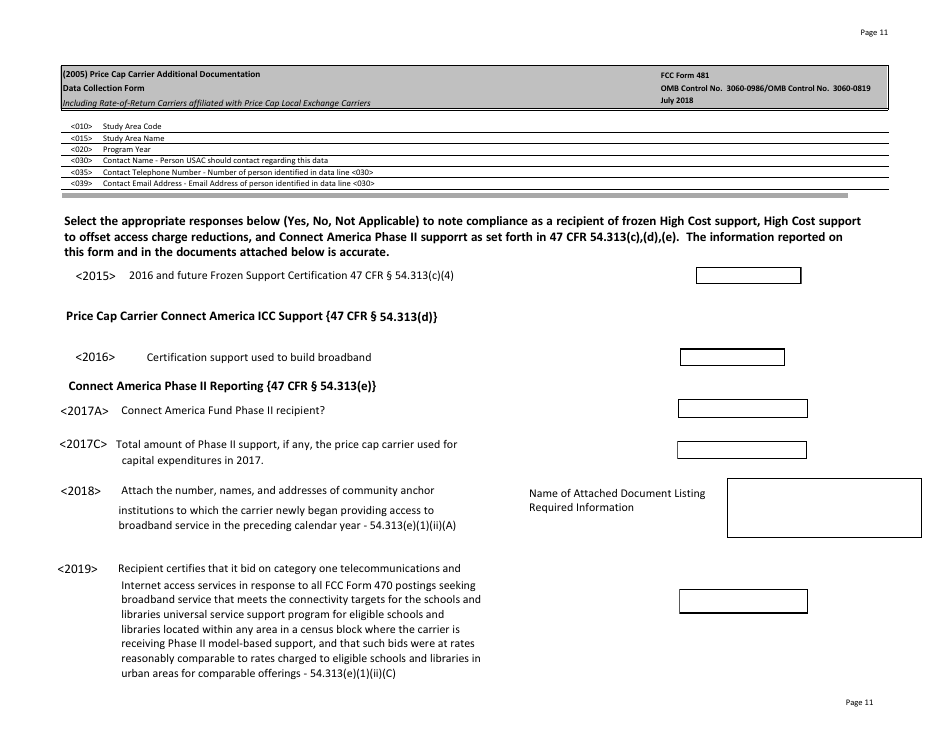 FCC Form 481 Carrier Annual Reporting - Data Collection Form, Page 11