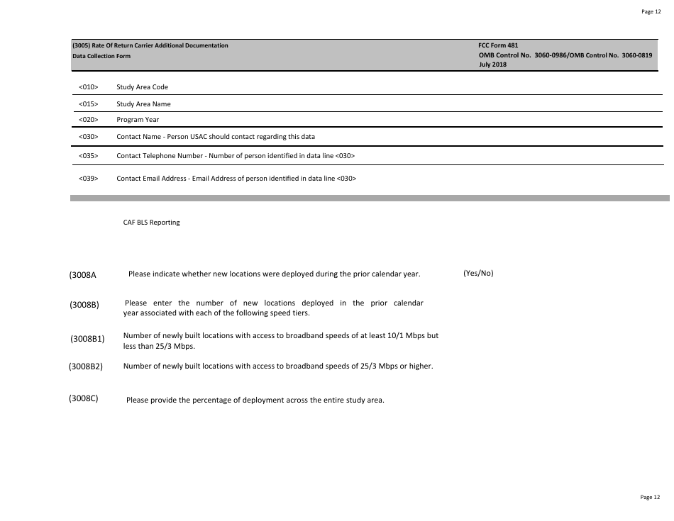 FCC Form 481 Carrier Annual Reporting - Data Collection Form, Page 12