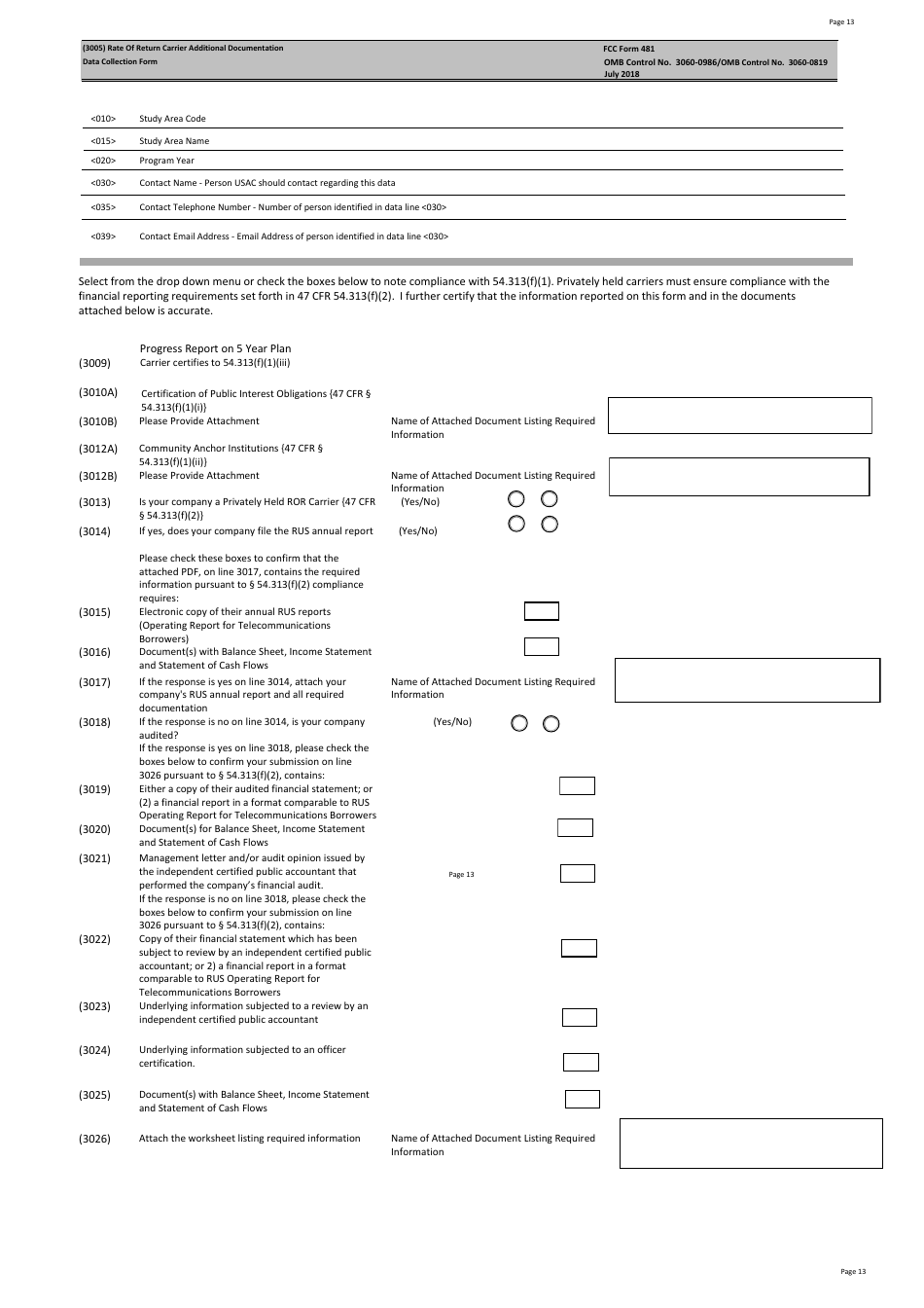 FCC Form 481 Carrier Annual Reporting - Data Collection Form, Page 13