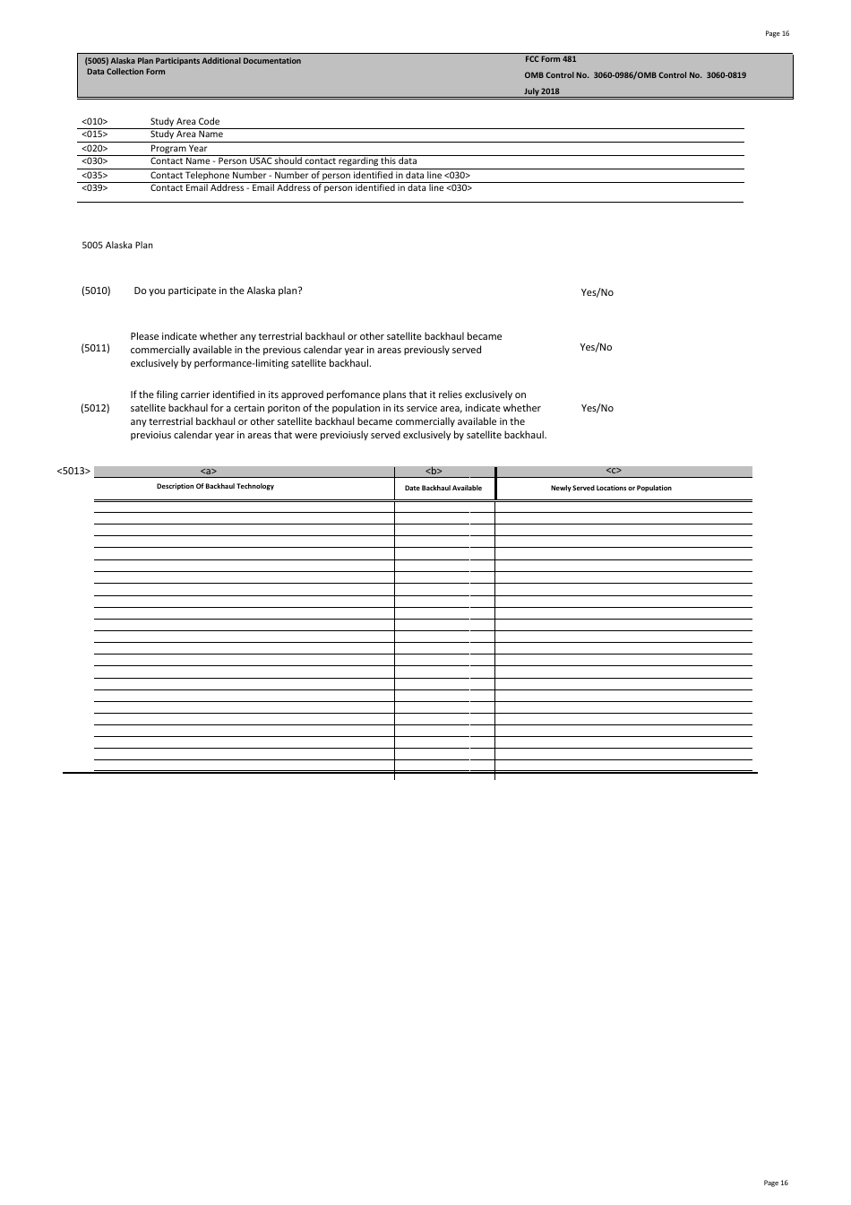 FCC Form 481 Carrier Annual Reporting - Data Collection Form, Page 16
