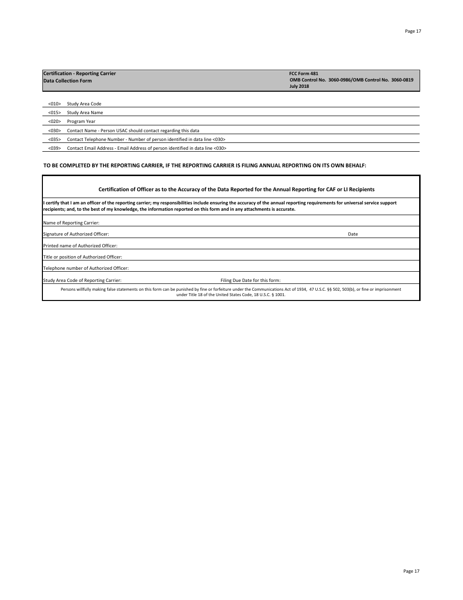FCC Form 481 Carrier Annual Reporting - Data Collection Form, Page 17