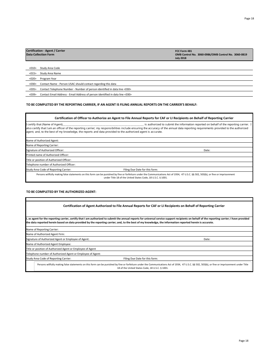 FCC Form 481 Carrier Annual Reporting - Data Collection Form, Page 18