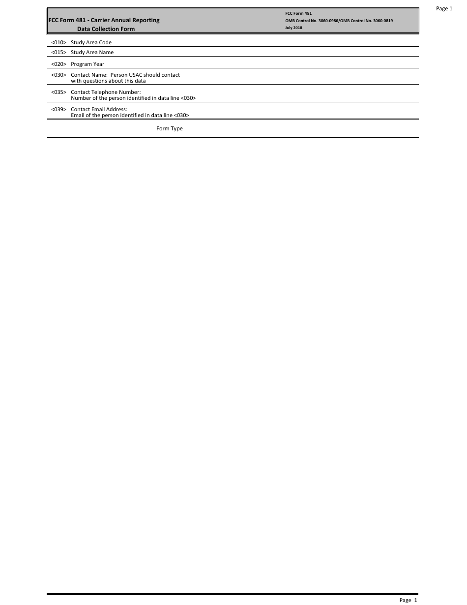 FCC Form 481 Carrier Annual Reporting - Data Collection Form, Page 1