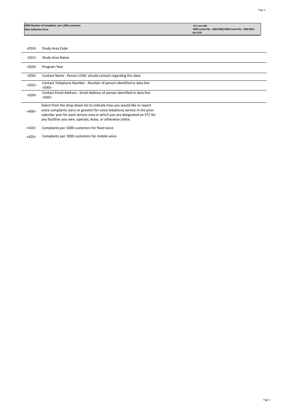 FCC Form 481 Carrier Annual Reporting - Data Collection Form, Page 3
