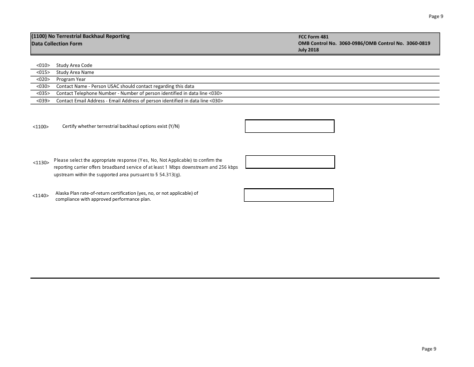 FCC Form 481 Carrier Annual Reporting - Data Collection Form, Page 9