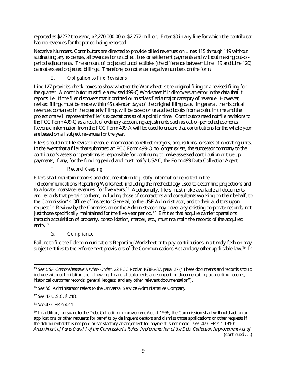 FCC Form 499-Q Telecommunications Reporting Worksheet - Quarterly Filing for Universal Service Contributors, Page 10