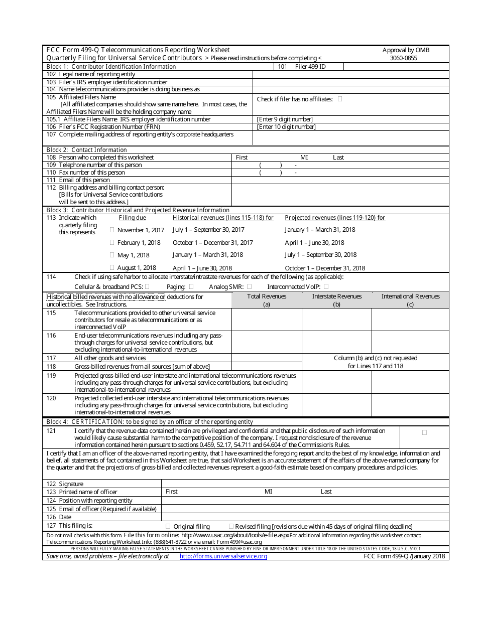 FCC Form 499-Q Telecommunications Reporting Worksheet - Quarterly Filing for Universal Service Contributors, Page 1