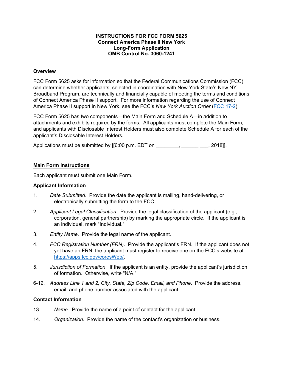Instructions for FCC Form 5625 Connect America Phase II New York - Long-Form Application, Page 1