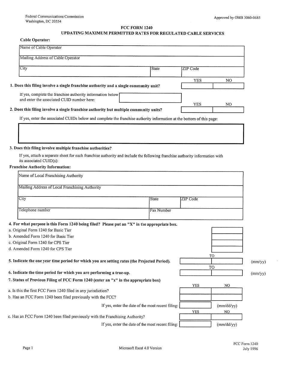 FCC Form 1240 Updating Maximum Permitted Rates for Regulated Cable Services, Page 1
