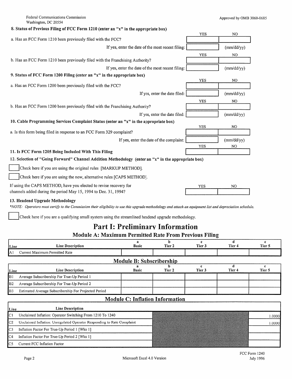 FCC Form 1240 Updating Maximum Permitted Rates for Regulated Cable Services, Page 2