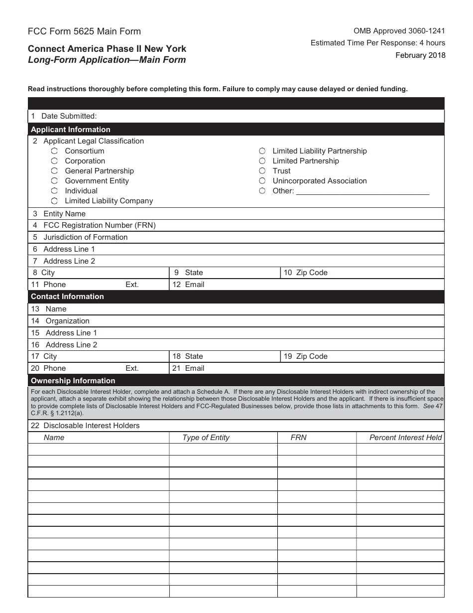 FCC Form 5625 Connect America Phase II New York Long-Form Application - Main Form, Page 1
