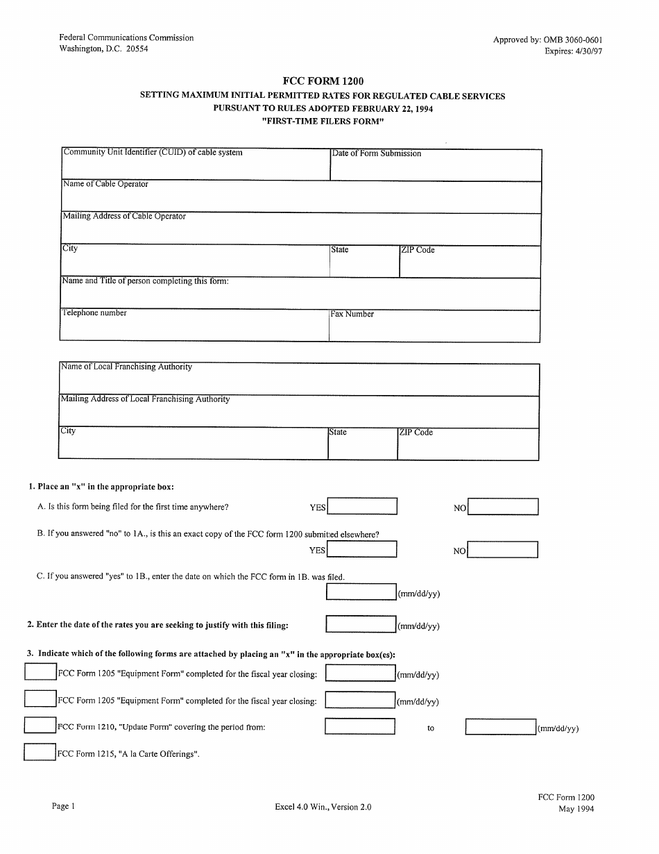 FCC Form 1200 Setting Maximum Initial Permitted Rates for Regulated Cable Services and Equipment, Page 1