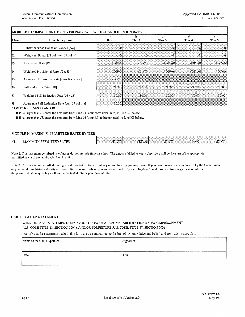 FCC Form 1200 Setting Maximum Initial Permitted Rates for Regulated Cable Services and Equipment, Page 8