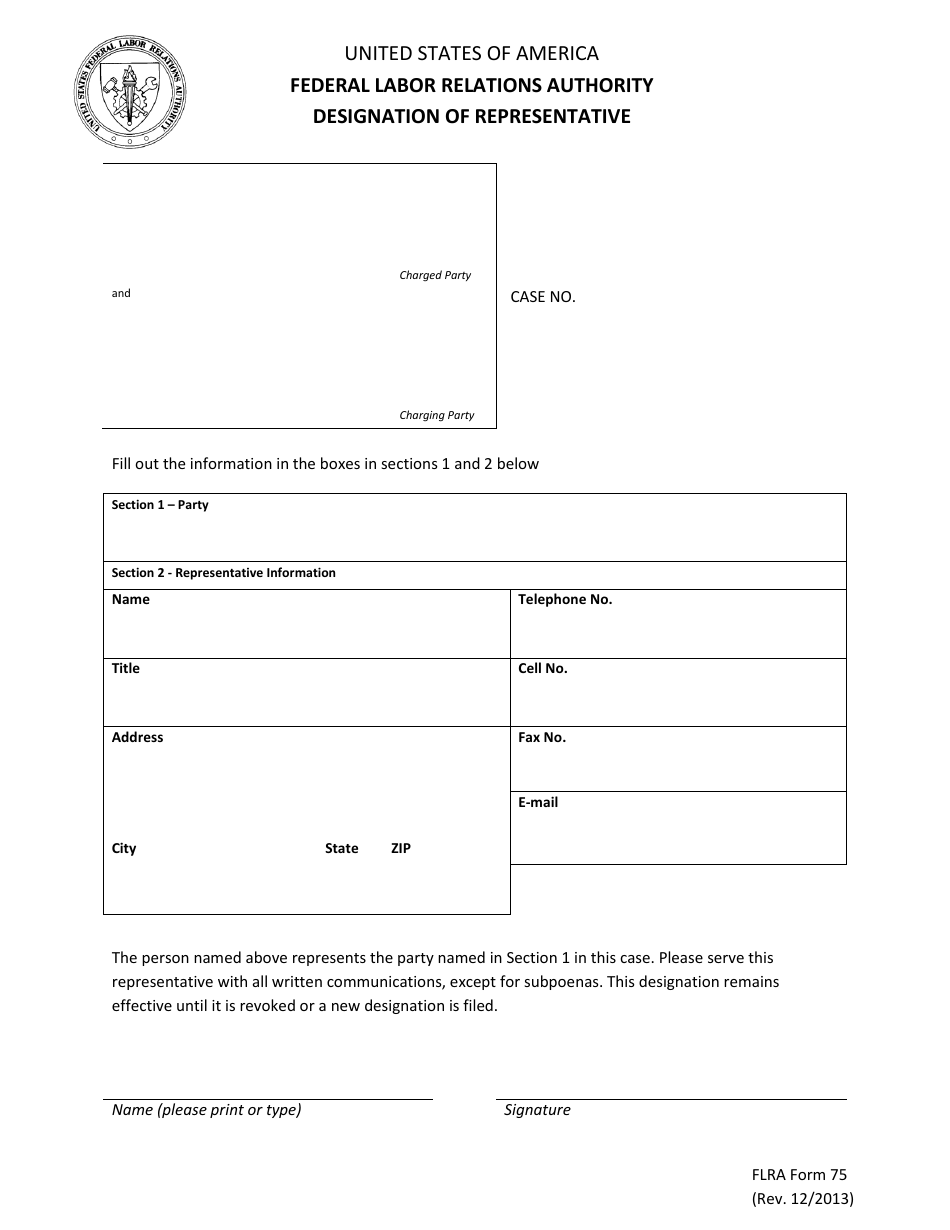 FLRA Form 75 Designation of Representative, Page 1