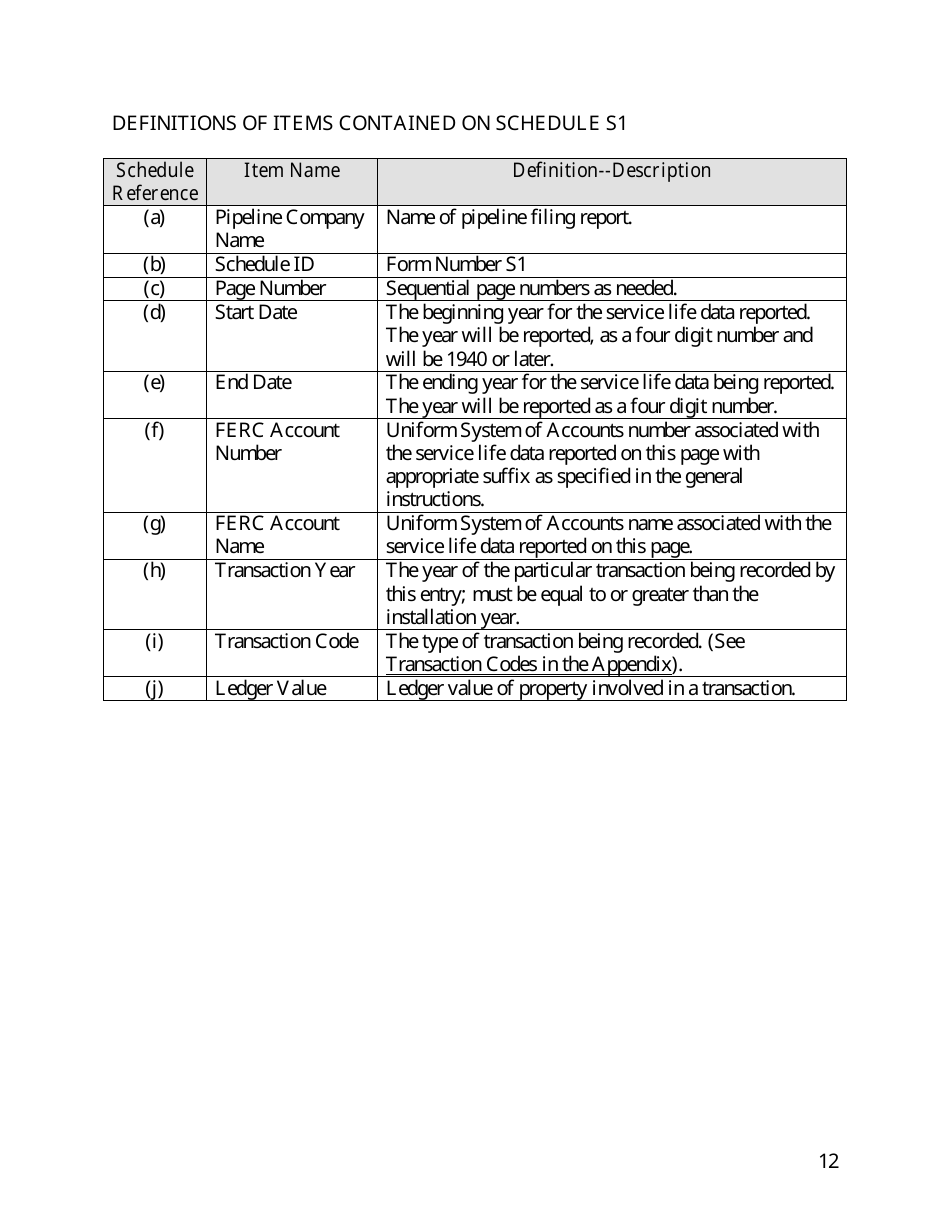Instructions for FERC Form 73 Oil Pipeline Service Life Data, Page 12