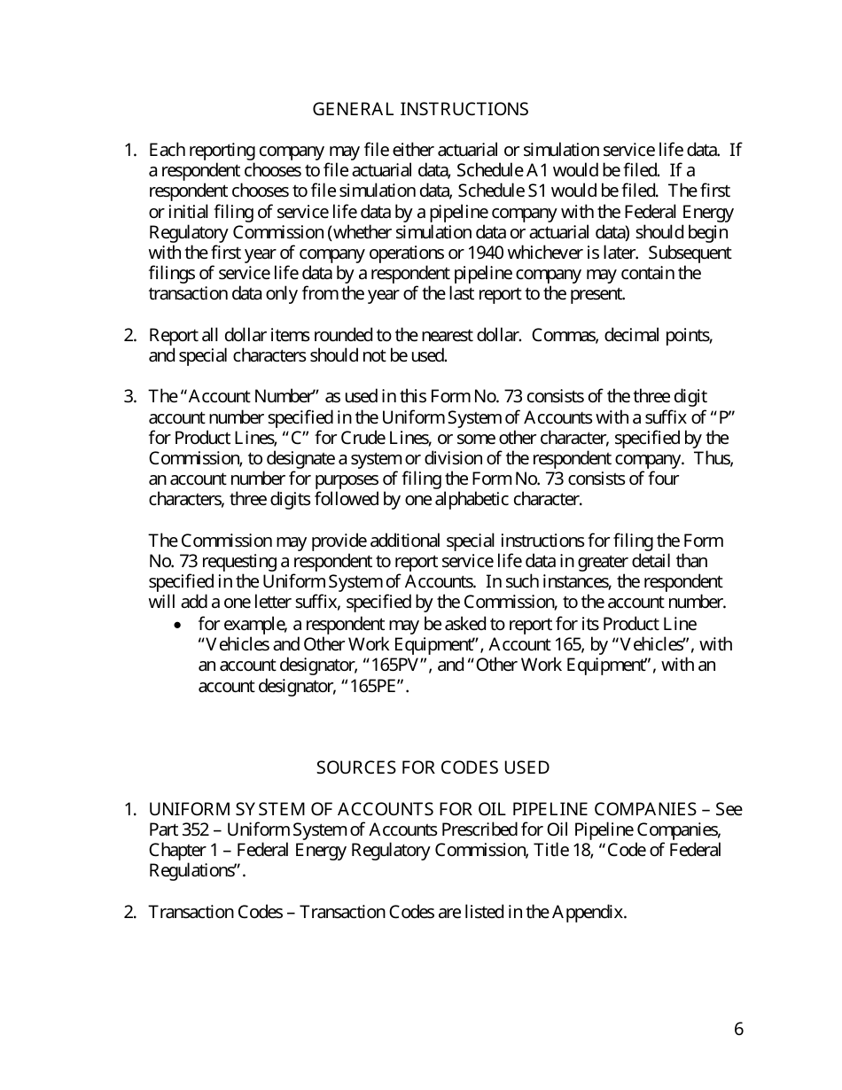 Instructions for FERC Form 73 Oil Pipeline Service Life Data, Page 6