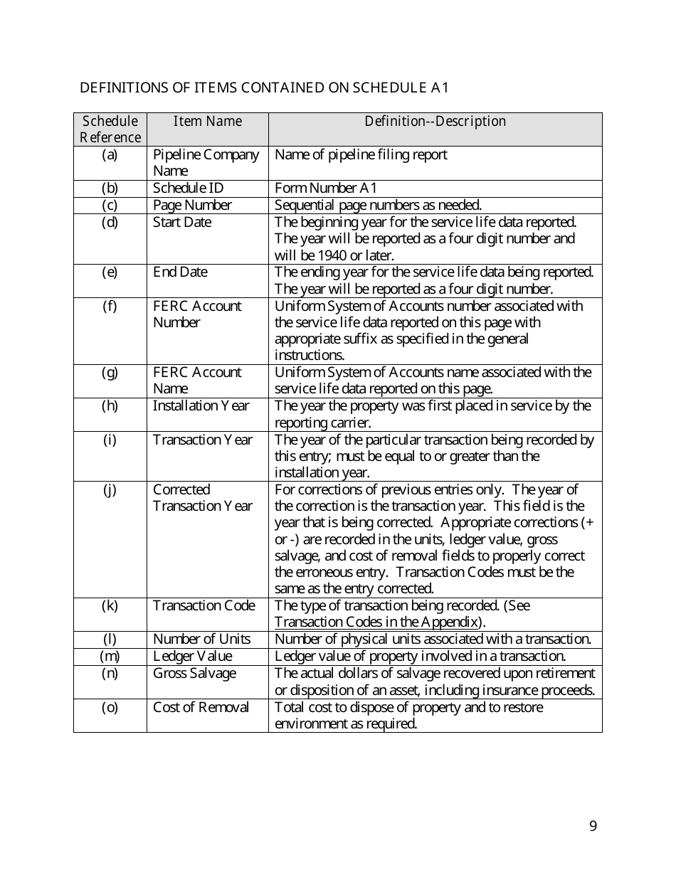 Instructions for FERC Form 73 Oil Pipeline Service Life Data, Page 9