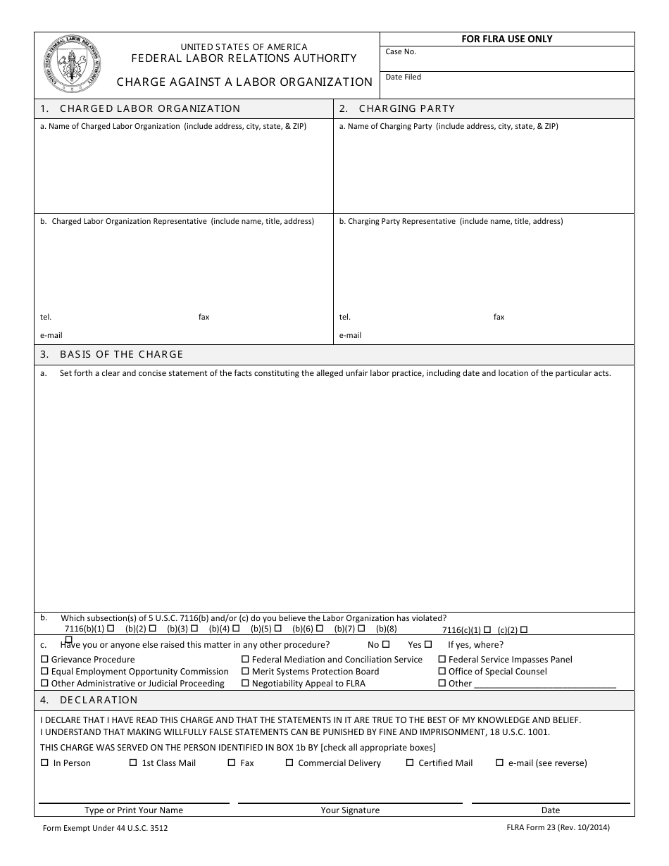 FLRA Form 23 Charge Against a Labor Organization, Page 1
