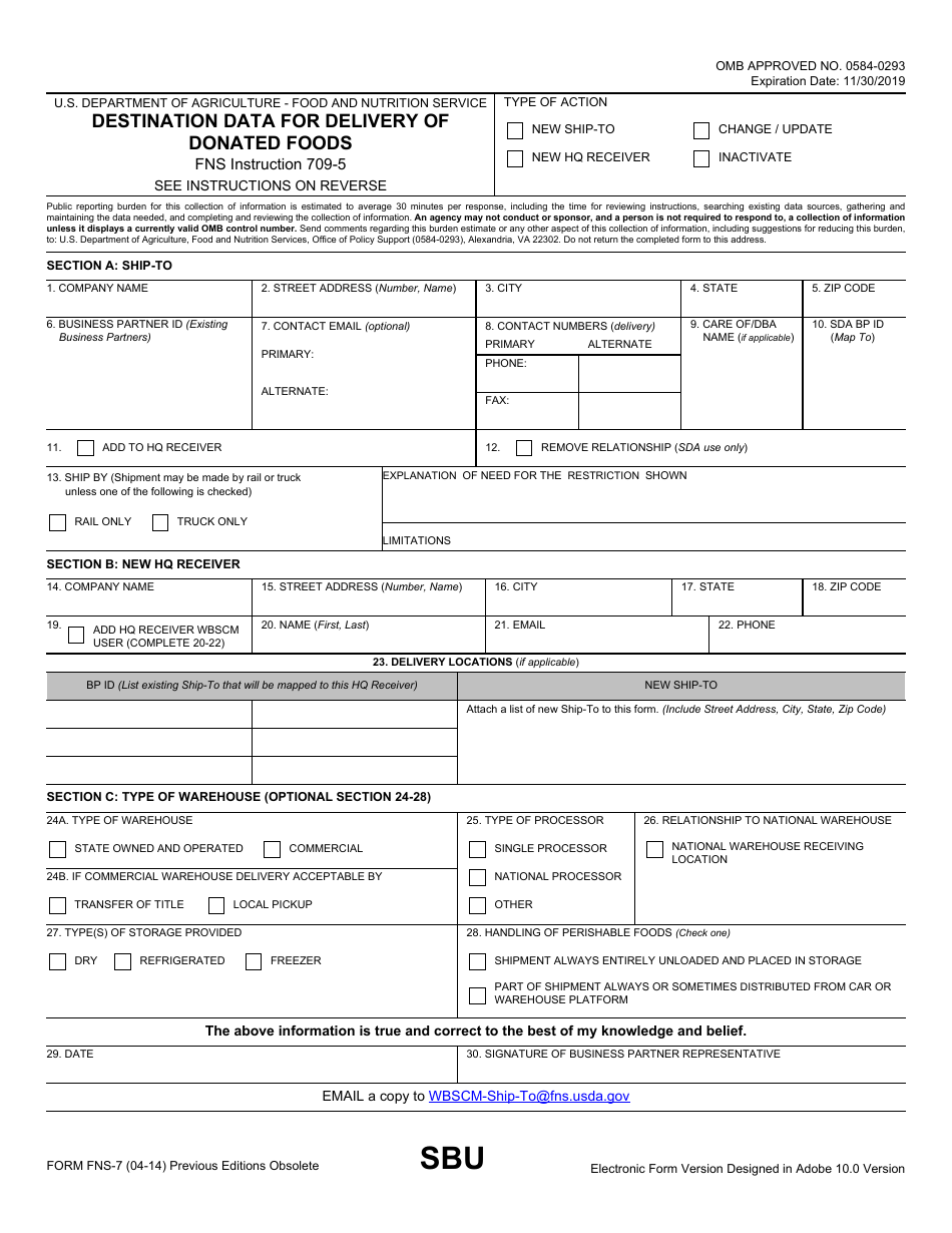 Form FNS-7 Destination Data for Delivery of Donated Foods, Page 1
