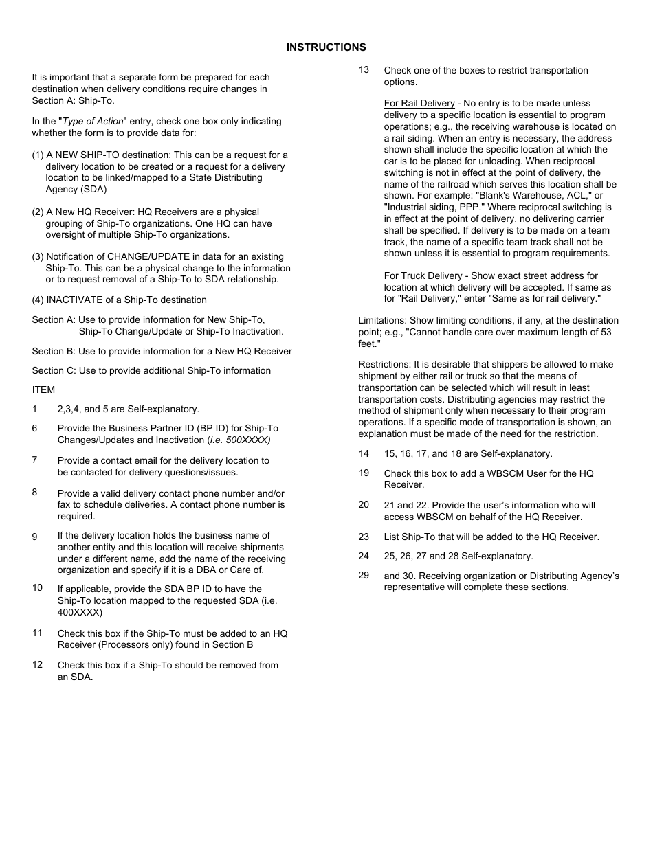 Form FNS-7 Destination Data for Delivery of Donated Foods, Page 2