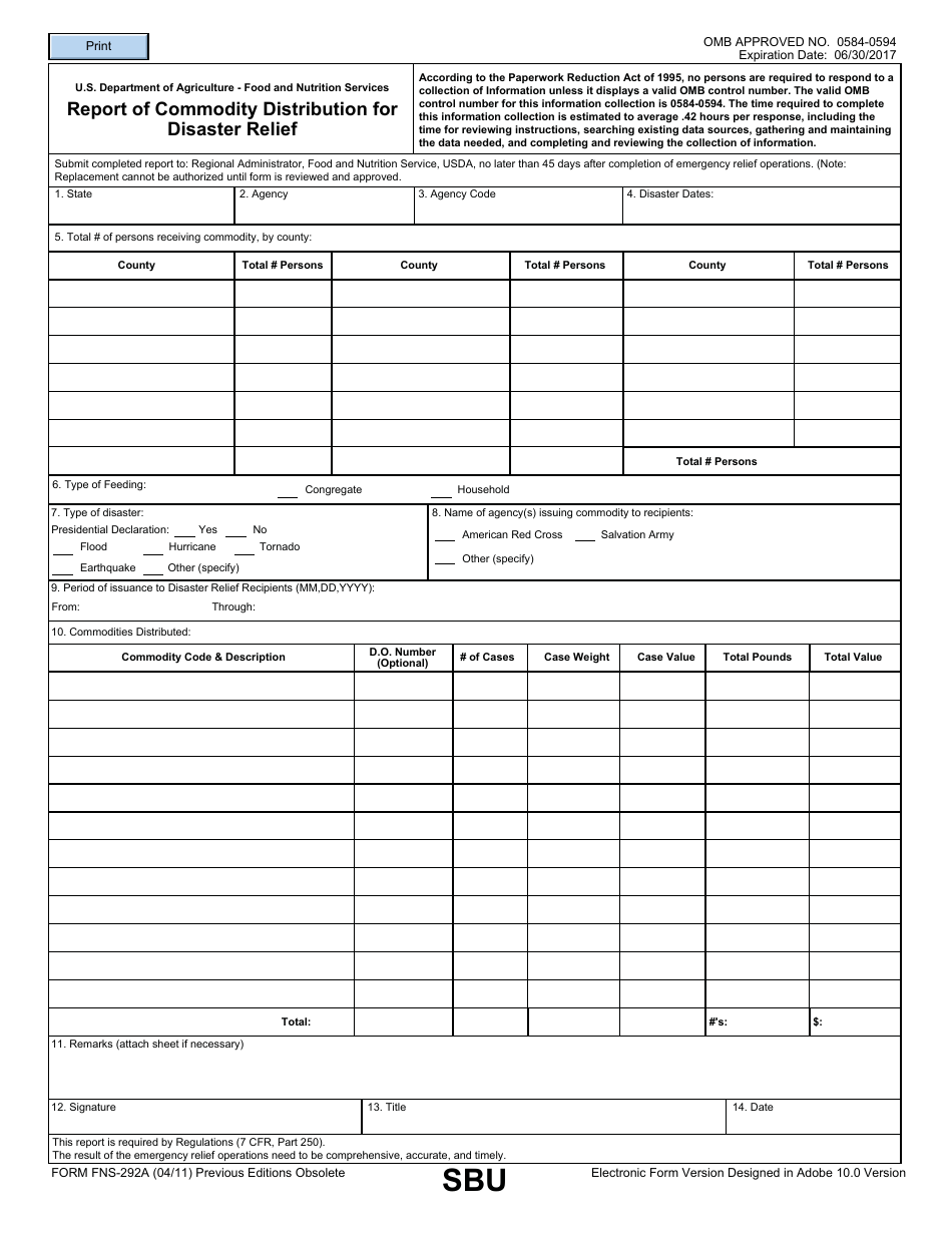 Form FNS-292A Report of Commodity Distribution for Disaster Relief, Page 1