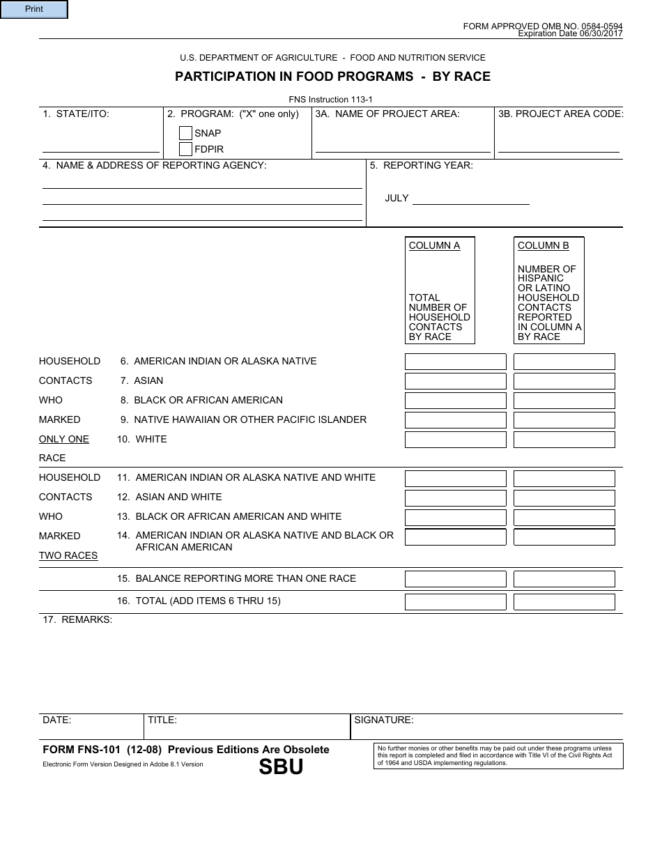 Form FNS-101 Participation in Food Programs - by Race, Page 1