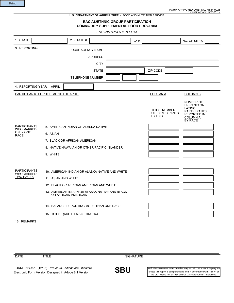 Form FNS-191 Racial / Ethnic Group Participation - Commodity Supplemental Food Program, Page 1