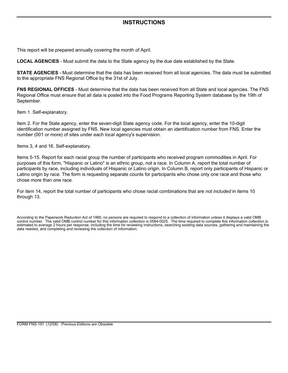 Form FNS-191 Racial / Ethnic Group Participation - Commodity Supplemental Food Program, Page 2