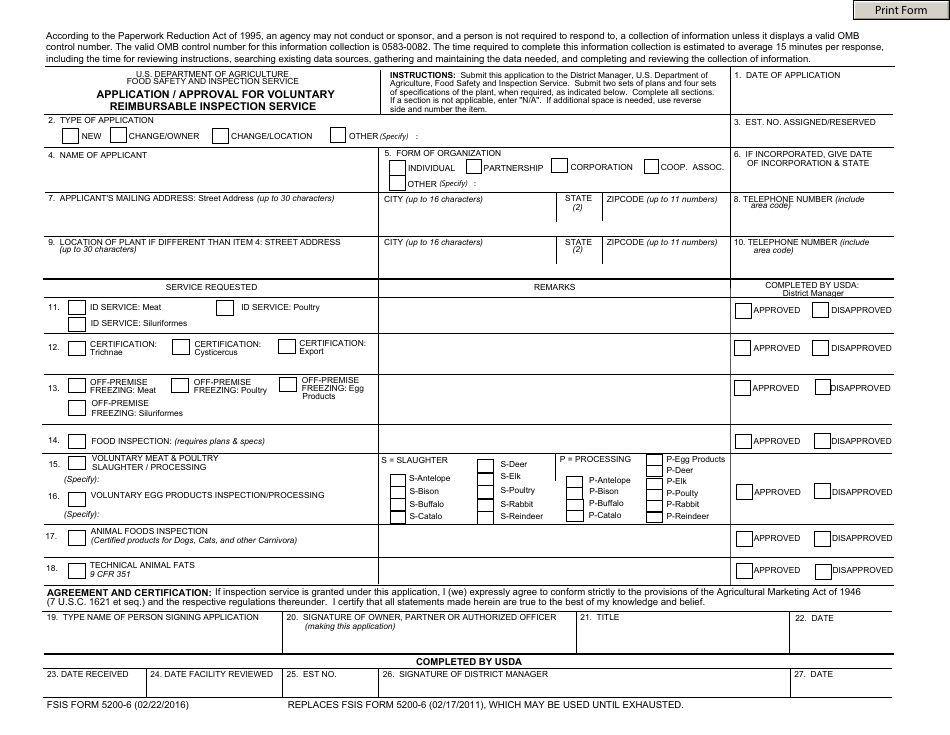 FSIS Form 5200-6 Application / Approval for Voluntary Reimbursable Inspection Service, Page 1