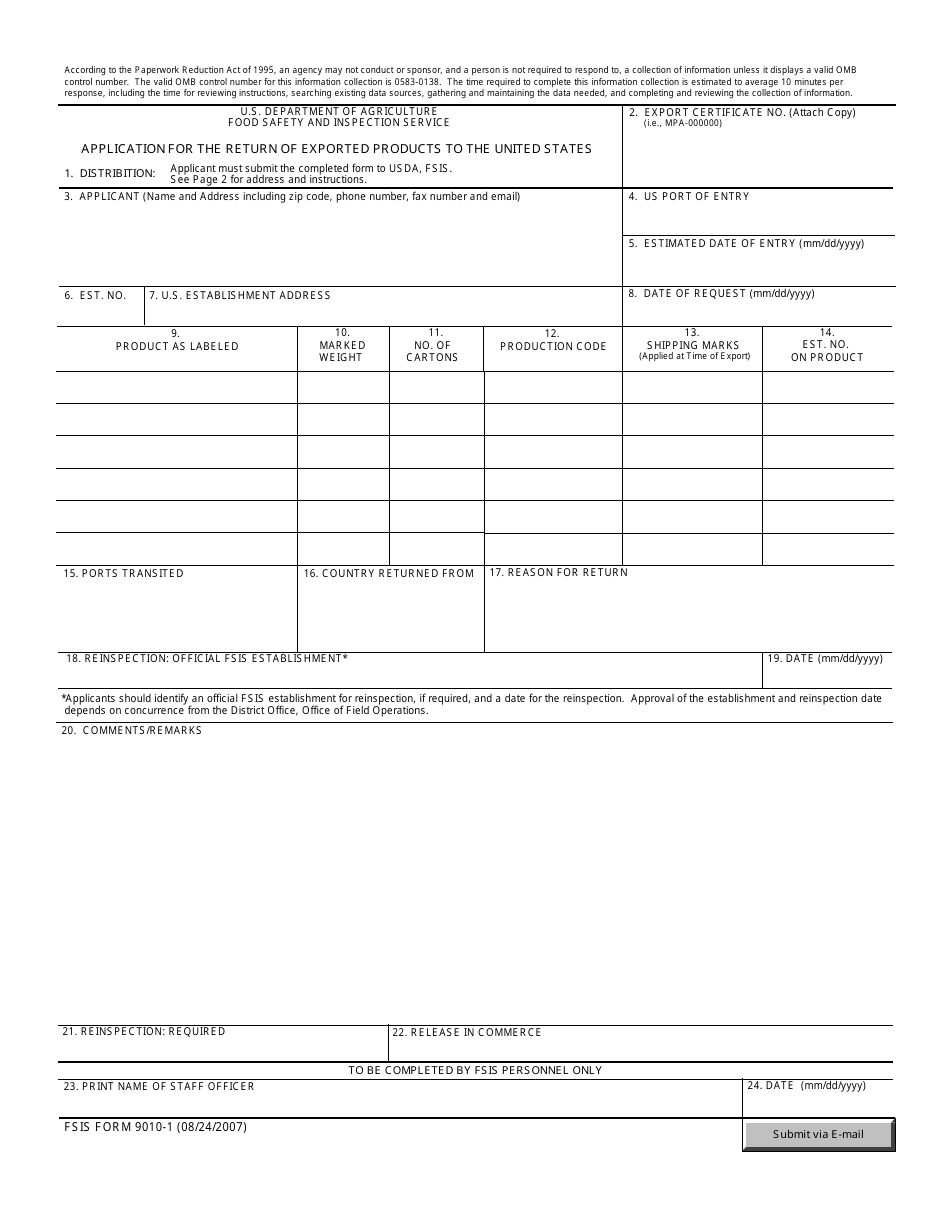 FSIS Form 9010-1 Application for the Return of Exported Products to the United States, Page 1