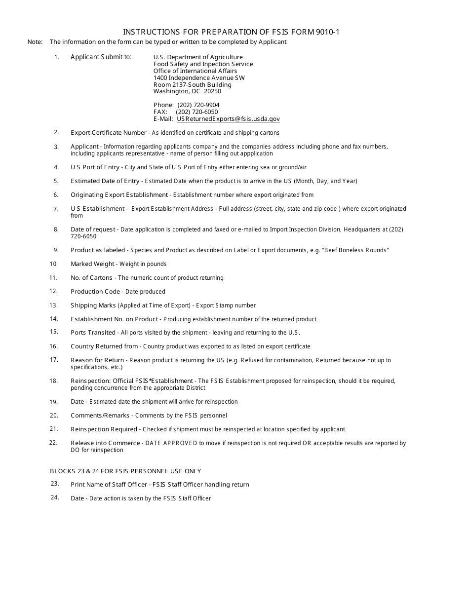 FSIS Form 9010-1 Application for the Return of Exported Products to the United States, Page 2