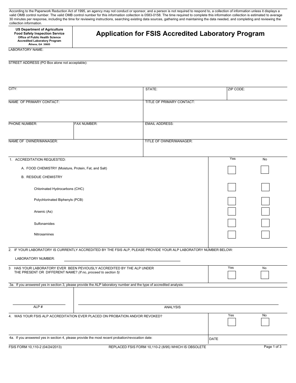 FSIS Form 10,110-2 Application for FSIS Accredited Laboratory Program, Page 1
