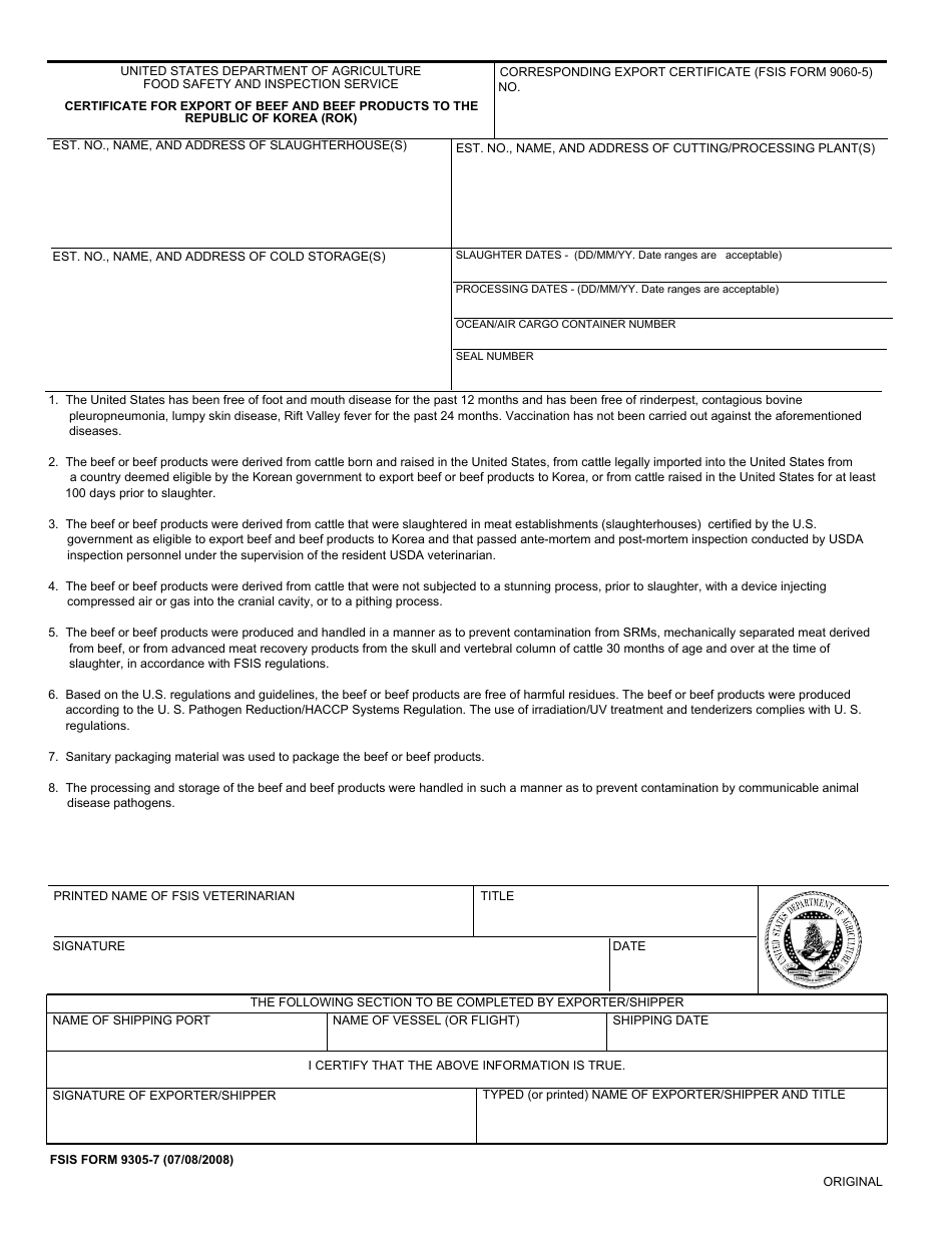 FSIS Form 9305-7 Certificate for Export of Beef and Beef Products to the Republic of Korea (Rok), Page 1