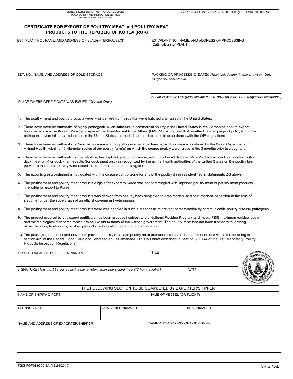 FSIS Form 9305-2A Certificate for Export of Poultry Meat and Poultry Meat Products to the Republic of Korea (Rok), Page 1