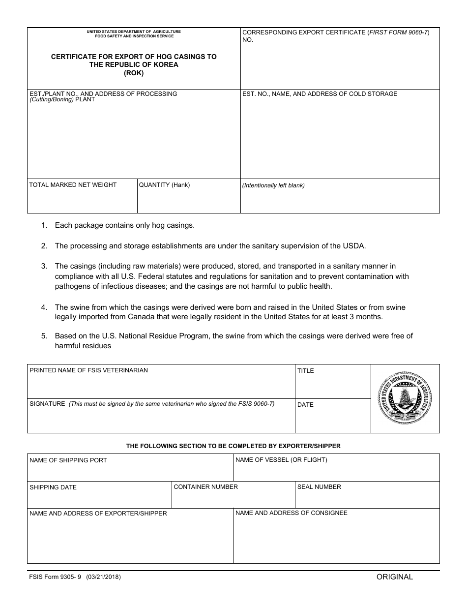 FSIS Form 9305-9 Certificate for Export of Hog Casings to the Republic of Korea (Rok), Page 1