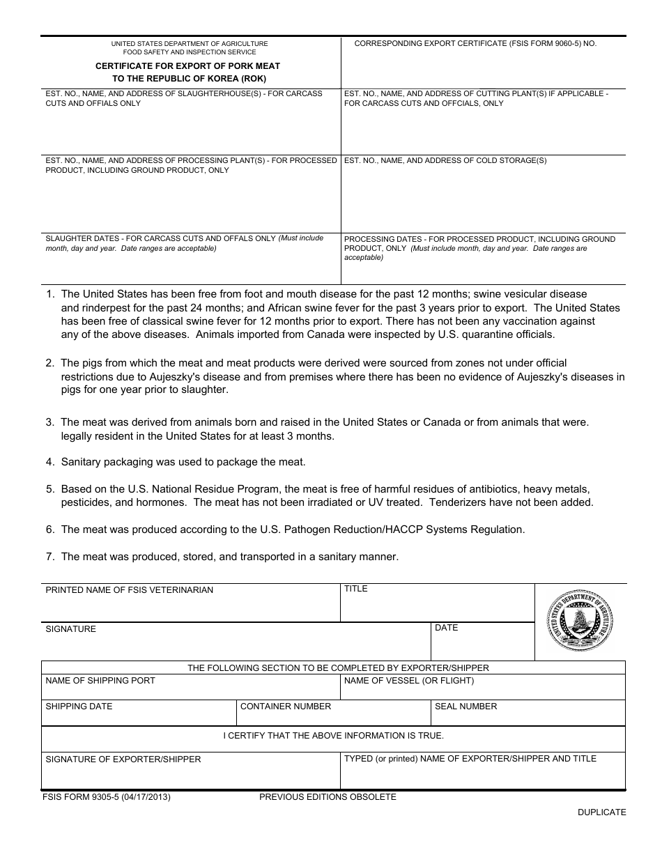 FSIS Form 9305-5 Certificate for Export of Pork Meat to the Republic of Korea (Rok), Page 2