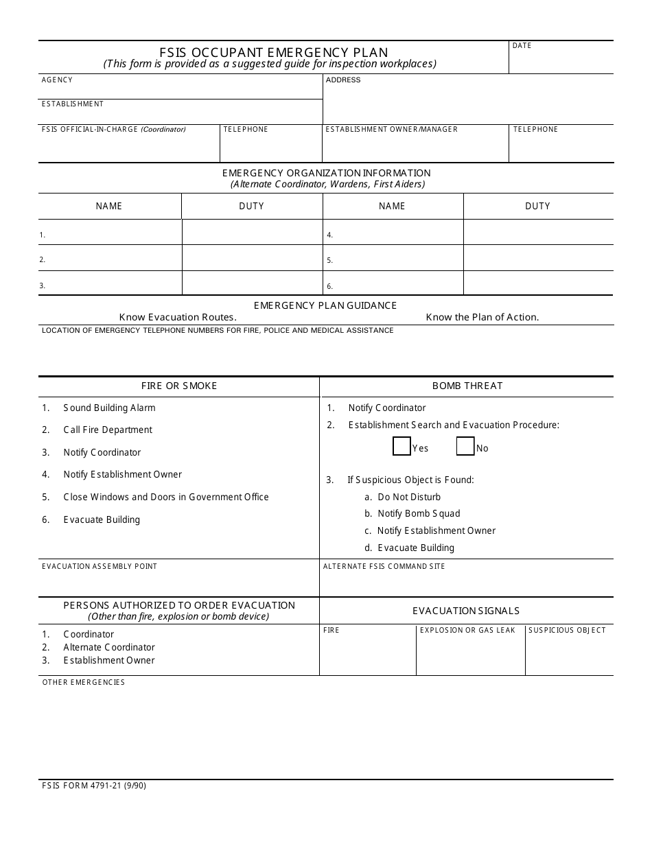 FSIS Form 4791-21 FSIS Occupant Emergency Plan, Page 1